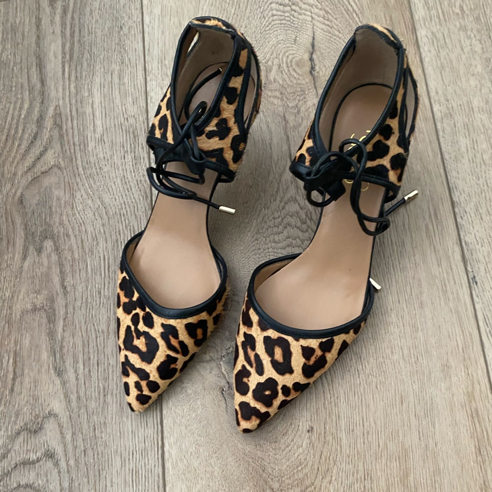 Franco Sarto Leopard Print Women's Heels with Black Trim and lace up detail